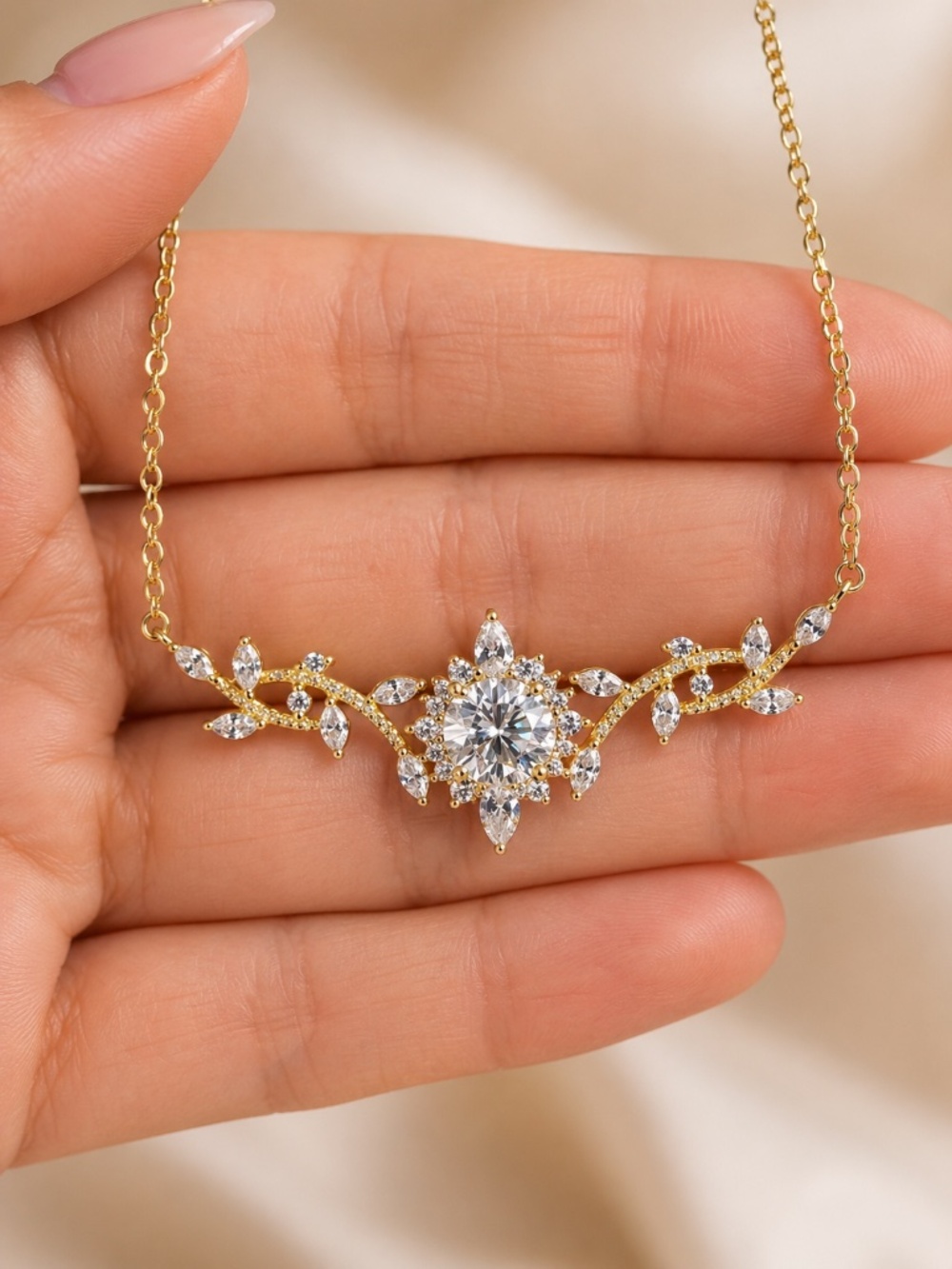 New 1 Carat Moissanite Flower Necklace 18K Gold Finish 17.7" - 19.7"